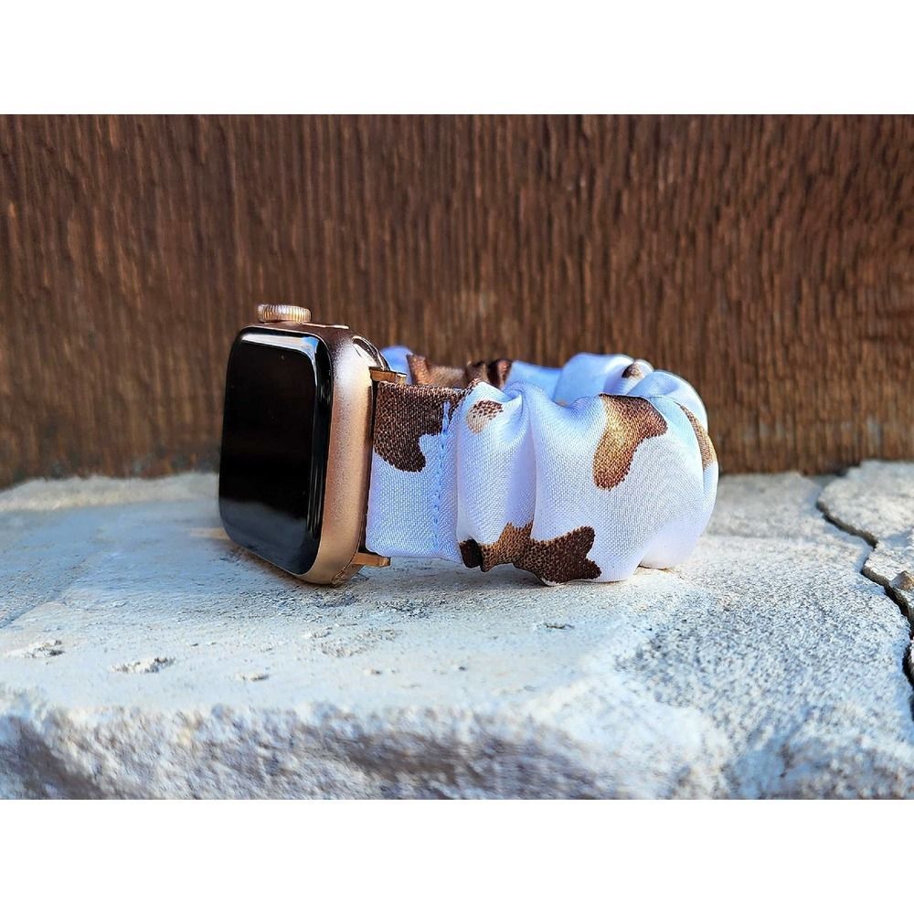 Brown Cow Print Scrunchie Watch Band for Fitbit Sense, Versa 3 2 1, Apple Watch